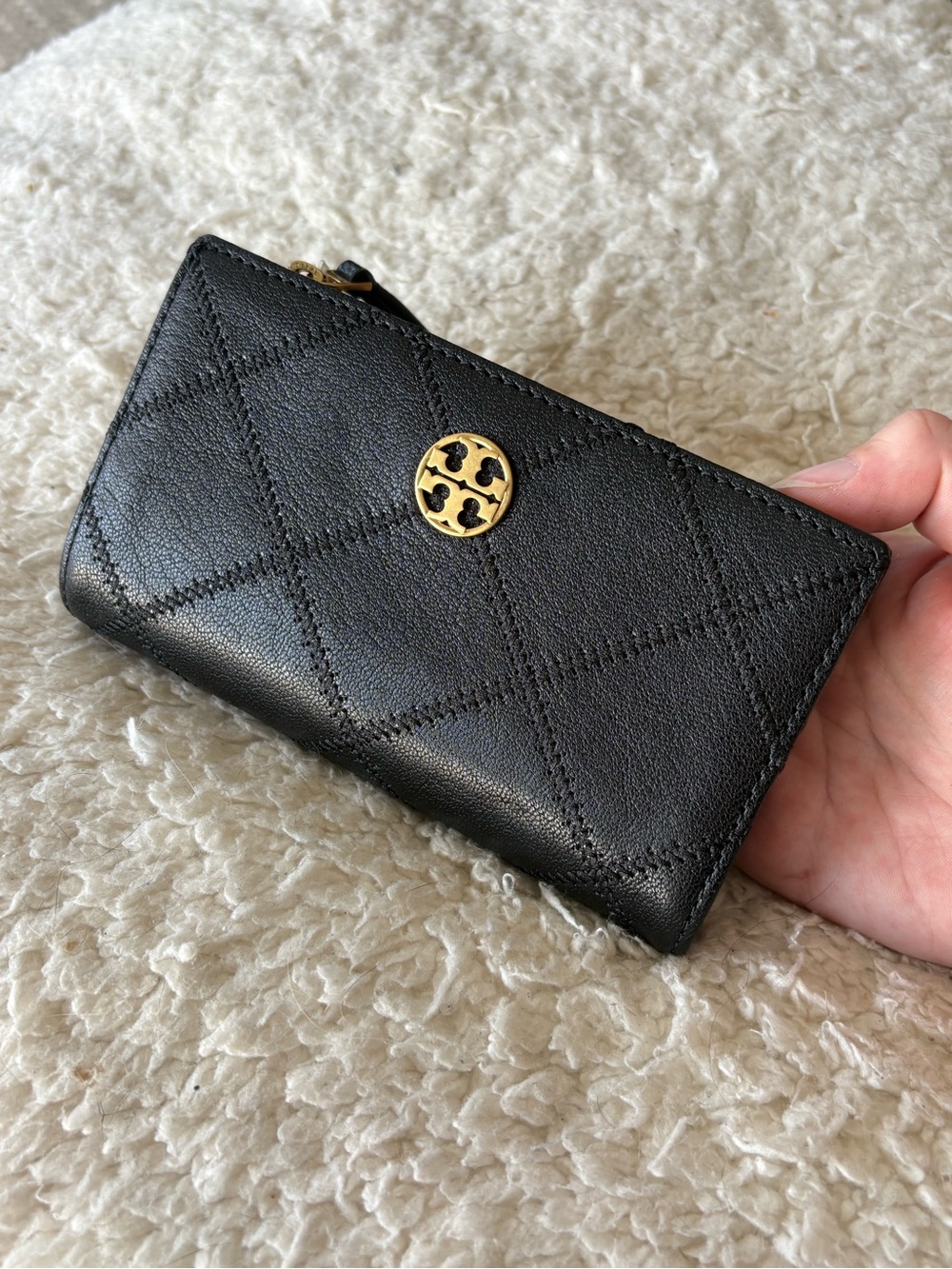 Tory Burch Black Quilted Leather Key & Card Holder with Gold Logo